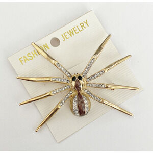 Rhinestone Gold Spider Brooch